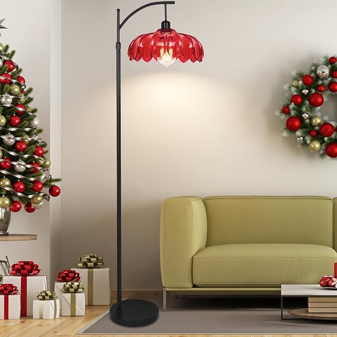 Unique Floor Lamp for Living Room with Remote,Arc Vintage Flower Standing Tall Lamp,Black Dimmable Floor Lamp with Red Glass Shade,Modern Mid Century Floor Lamps for Bedroom Office Corner
