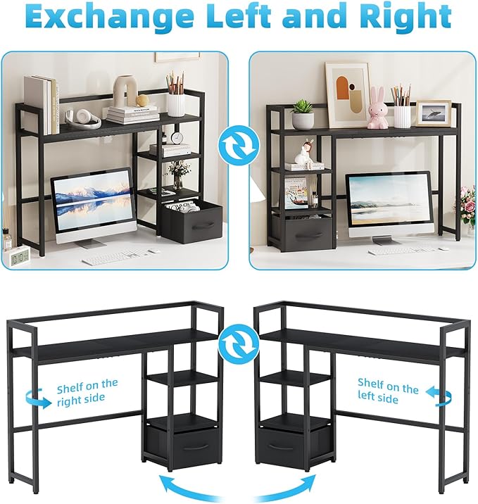 Marbrasse Desk Shelf with Drawer, 40" Desk Hutch for Computer Monitor, Desk Shelf for top of Desk, Wooden Desktop Bookshelf Storage Rack for Home Office Dorm - Black