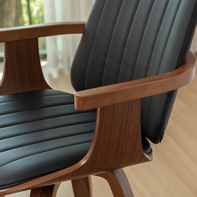 Swivel Dining Chairs, Set of 6 Kitchen Swivel Chairs with Walnut Craftsmanship, Upholstered Faux Leather, Wooden Arms and Legs, Walnut Dining Chairs for Kitchen/Living Room - Black