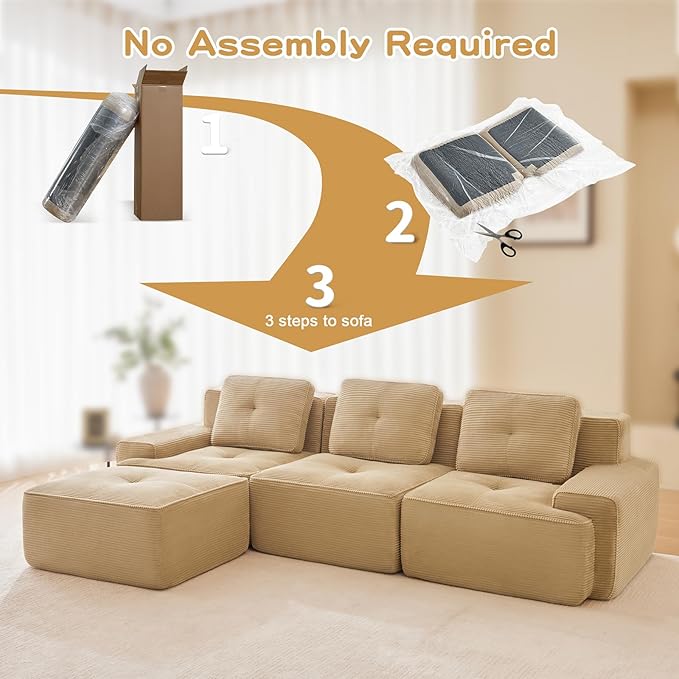 115" Modern Compressed Boneless Couch with Ottoman, 3 Seater Large L Shaped Sectional Couches for Living Room, Camel Corduroy Cloud Modular Sectional Sofa, Memory Foam, Extra Deep, No Assembly