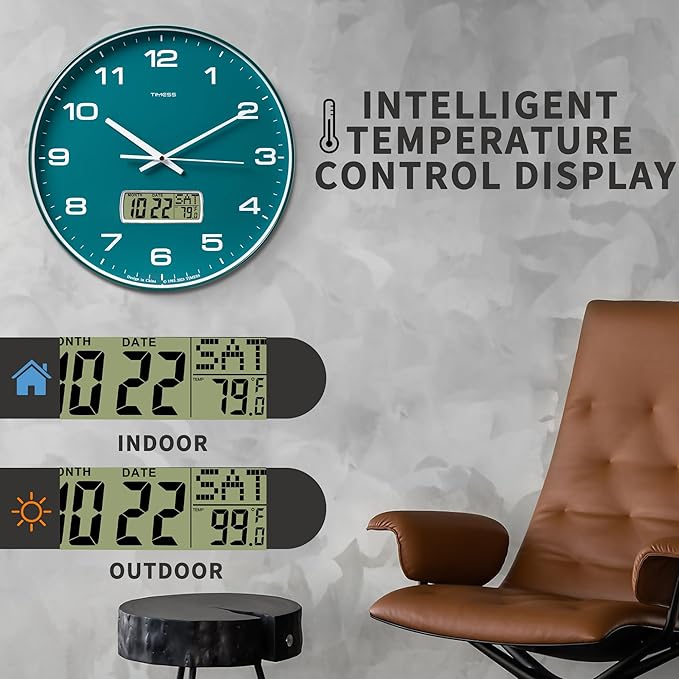 Wall Clock, 14" Large Dial Non-Ticking Silent Battery Operated Analog with LCD Display for Perpetual Calendar and F° Temperature, Ideal Modern Home, Bedroom, Kitchen, Office Decor(Green)