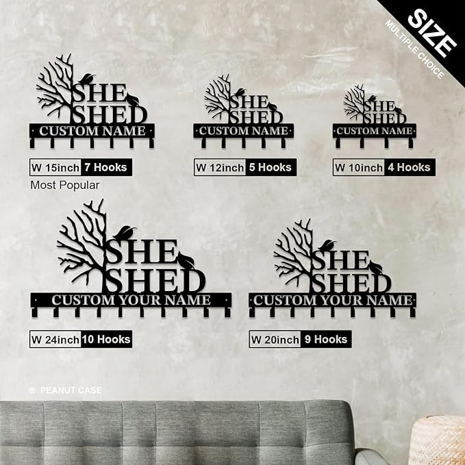 Personalized She Shed Keys Hooks,Custom Name Metal She Shed Art Keys Hooks,Metal She Shed Lover Wall Home Storage Decorative Keys Hooks,Key Holder Hooks for Wall (Style F)