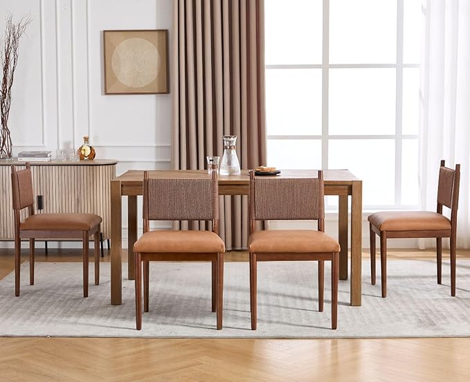 CIMOTA Brown Faux Leather Dining Chairs Set of 6, Mid Century Modern Upholstered Dining Room Chairs with Woven Back, Armless Kitchen Chairs with Walnut Solid Wood Legs, PU