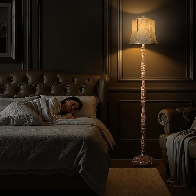 Scenekoy Vintage 66” Tall Floor Lamp for Living Room Bedroom, Resin Carved Standing Lamp with Faux Leather Shade, Adjustable Bulb, Rotary Switch Rustic Lamp for Home Decor (Light Brown)