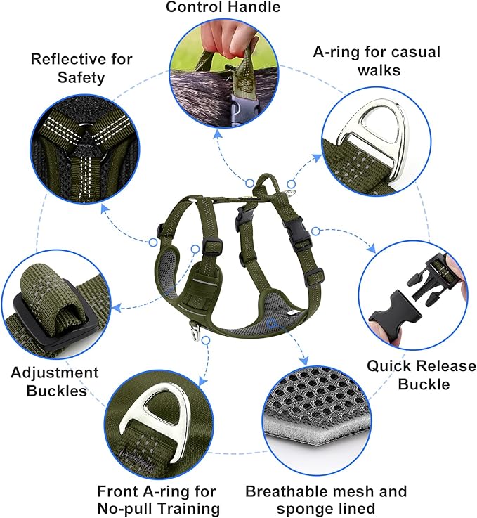 Plutus Pet No Pull Dog Harness, Reflective Adjustable Dog Vest Harness with Handle, Escape Proof, Soft Padded for Small Medium Large Dogs (Ranger Green, XS)