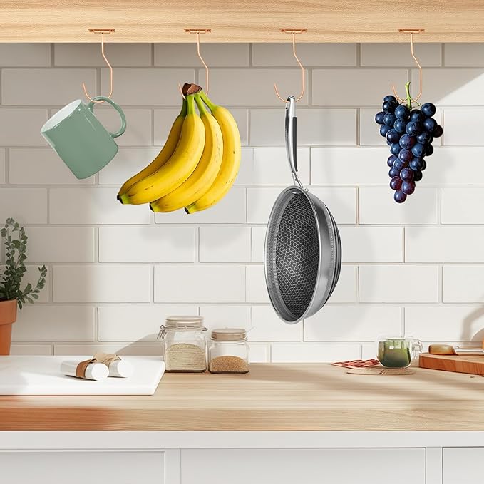 Banana Hanger Hook – Space Saving Banana Holder Hanger to Keep Bananas Fresh, Self Adhesive and Screw Banana Hook 2Pack Rose Gold