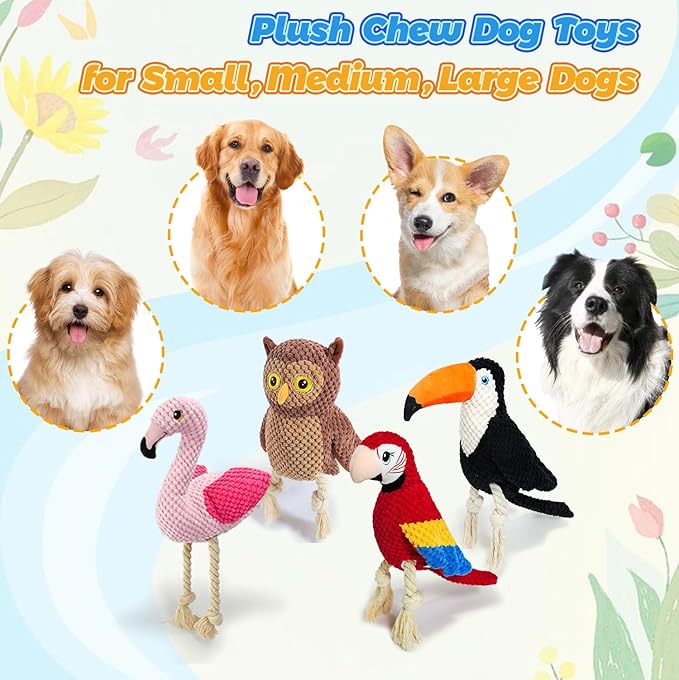 4-Pack Durable Squeaky Dog Toys for Small to Large Dogs Interactive Knot Bird Chew Rope Plush Dog Toys Set Flamingo, Parrot, Toucan, Owl for Teething, Anxiety Relief Perfect for Aggressive Chewers
