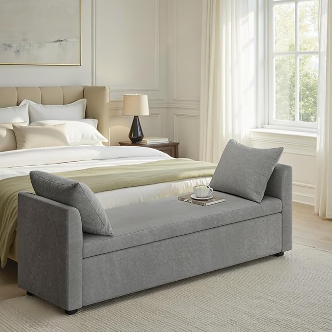 HULALA HOME Modern Storage Bench with Throw Pillows, 59.4" Extra Long Bedroom Ottoman Bench for End of Bed, Comfy Upholstered Footstool for Living Room Dining Room Entryway, Grey