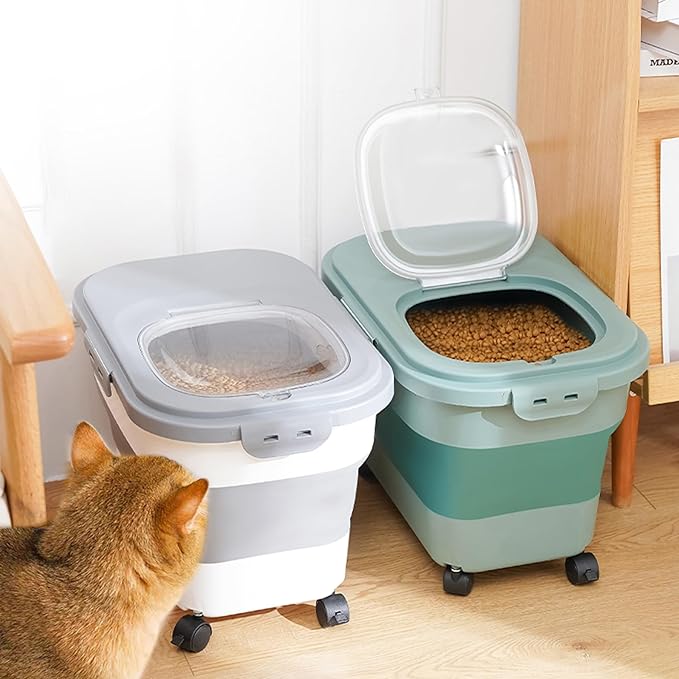 Collapsible Dog Food Storage Container with Lids, Airtight Rice Flour Cereal Sugar Cat Pet Bird Seed Containers Bin Bucket with Rolling Wheel, 20 25 30 Lbs Pound Plastic Sealable Kitchen Pantry Holder