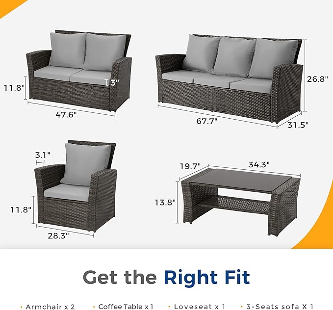 Wisteria Lane 5 Piece Patio Furniture Set, Wicker Outdoor Patio Conversation Furniture Set, All Weather Outdoor Patio Sofa with Cushion and Glass Table, Grey