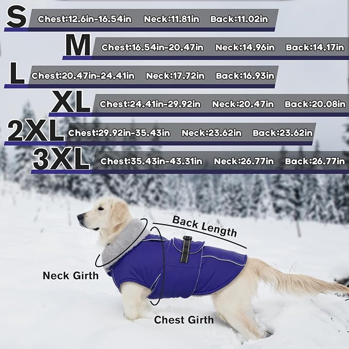 Lelepet Warm Dog Coat Reflective Fleece Vest Waterproof Dog Jacket with Adjustable Buckle Hook & Loop Windproof Cold Weather Coats for Small Medium Large Dogs, Blue, XXL
