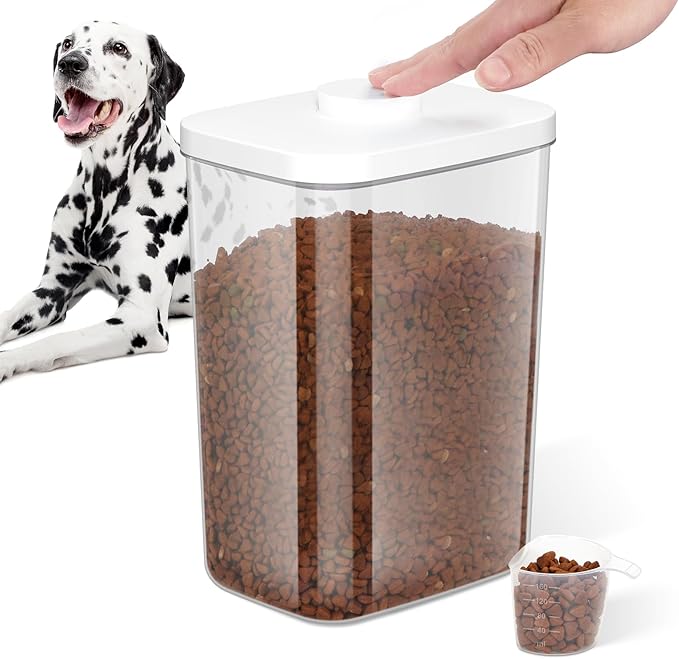 Airtight Dog Cat Food Storage Container and Dog Treat Containers BPA-Free, PET Clear Stackable Pet Storage Bin, 1 Cup Scoop, 1 Sponge cleaning brush, Pop Top, With handle ((5.6L-1Pack) White)