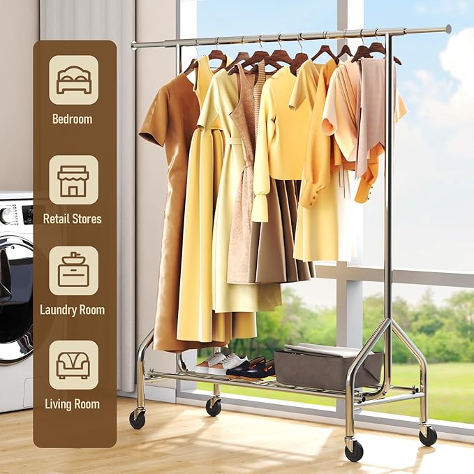 Heavy Duty Clothes Rack Load 500 LBS,Clothes Clothing Racks for Hanging Clothes with Lockable Wheels & Stable Shelves, Rolling Garment Wardrobe Portable Closet Rack,Sliver