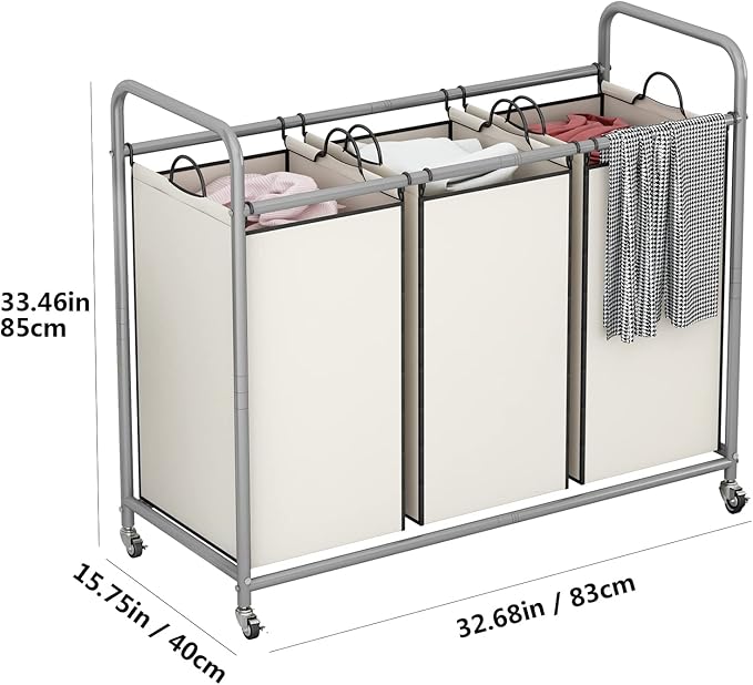 LINZINAR 3-Bag Laundry Sorter,Laundry Hamper Cart with Heavy Duty Rolling Lockable Wheels and Removable Bags (Beige)
