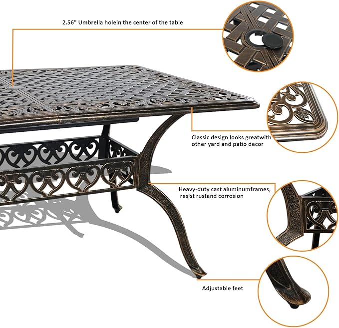 60" Rectangular Patio Dining Tables for 6 Person Cast Aluminum Round PatioTable with 2.5" Umbrella Hole, Wrought Iron Patio Bistro Table Metal Outdoor Bistro Dining Table for Garden,Bronze