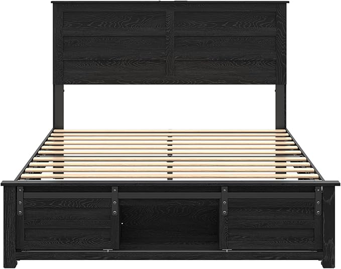 Wooden Bed Frame Full Size with Headboard & Sliding Barn Door Storage Footboard, Farmhouse Platform Bedframe with Charging Station, No Box Spring Needed, Black