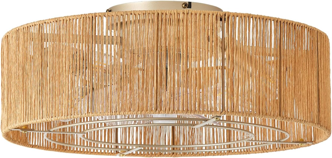 Ceiling Fans with Lights, 20" Boho Ceiling Fan with Light Flush Mount, Rattan Low rofile with 6 Speeds, Remote Control for Bedroom, Nursery, Living Room