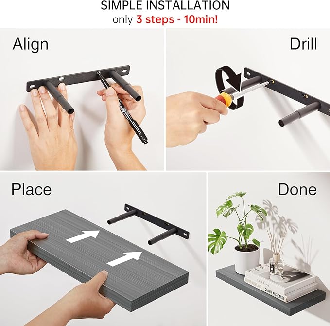 BAYKA Grey Floating Shelves for Wall, Wall Mounted Rustic Wood Shelves for Bathroom, Bedroom, Living Room, Kitchen,Small Hanging Shelf for Books/Storage/Room Decor (Set of 3, 15.7in)