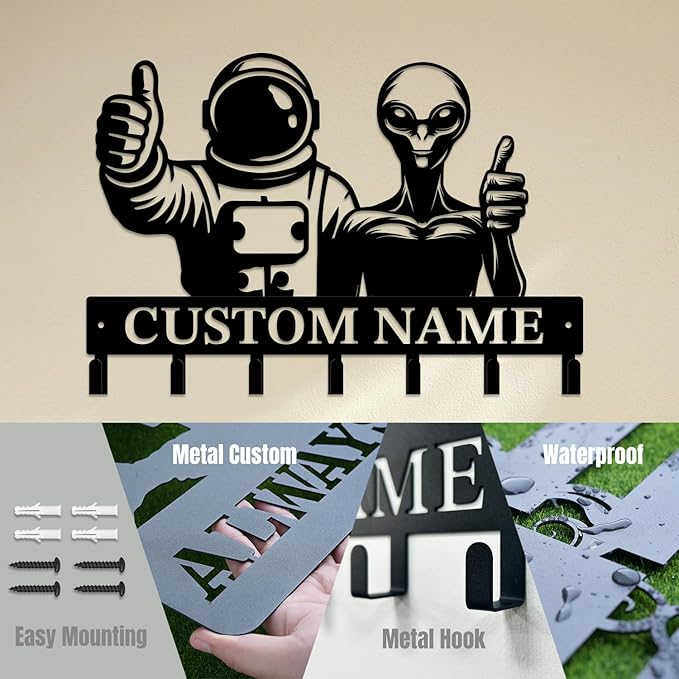 Personalized Custom Alien ET Metal Wall Keys Hooks,Clothes Hooks Alien ET Art coat racks,door holder,Black Alien ET decorations for home,Entrance doors,Hallway, Bedroom,Keys,Hats (Style N)