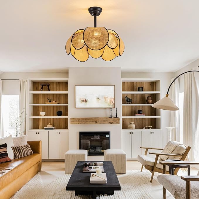 Rattan Fandelier Ceiling Fans with Lights,Boho Black Chandelier Ceiling Fan with Light Remote,Flush Mount Chandelier Ceiling Fan with 6 Speeds Fandelier for Bedroom, Living Room,Kitchen,26inch