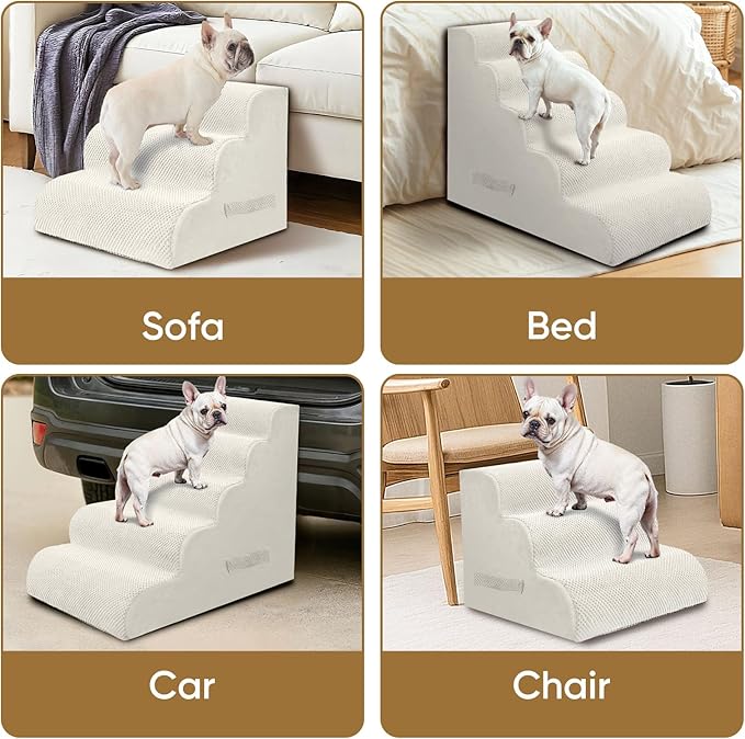 PAWSCART Dog Stairs for Small Pets, 11.8" H with 30D Material Soft Foam, Portable Ramp Non-Slip Surface Non-Slip for Couch and High Bed Climbing, 2-Step Stairs for Cat or Dog, Beige