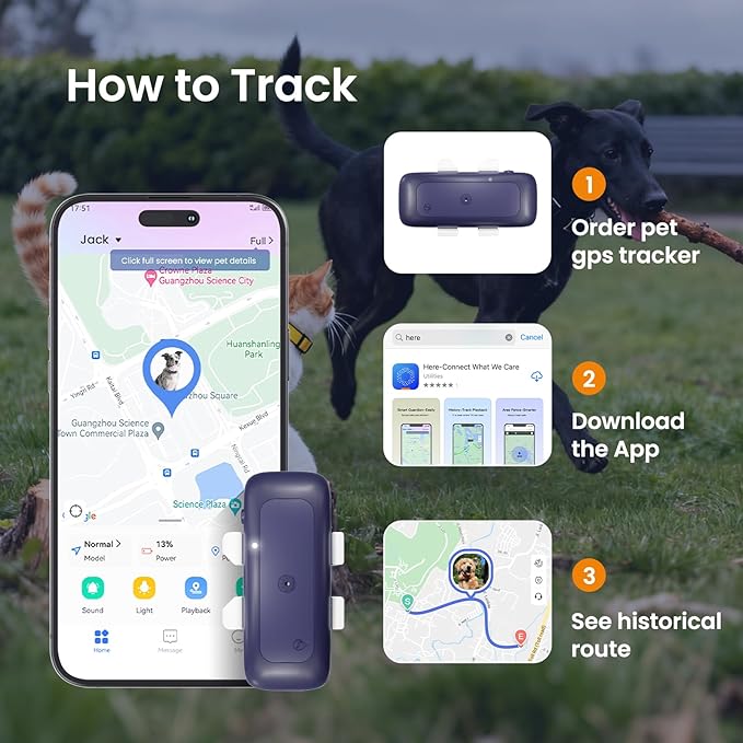 Dog Tracker Cat GPS Tracker Waterproof & Lightweight Mini Tracker Device with Real-Time Location Escape Alerts iOS & Android Fits All Pet Collars
