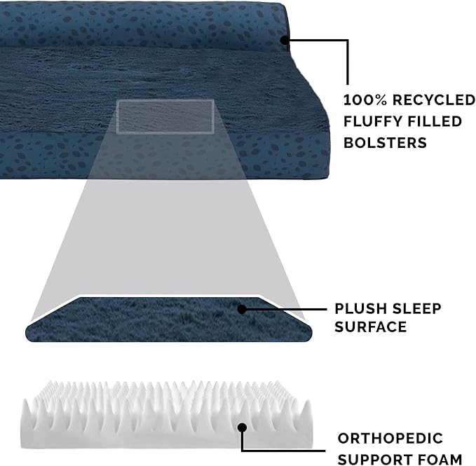 Furhaven Orthopedic Dog Bed for Medium/Small Dogs w/ Removable Bolsters & Washable Cover, For Dogs Up to 35 lbs - Plush & Almond Print L Shaped Chaise - Blue Almonds, Medium
