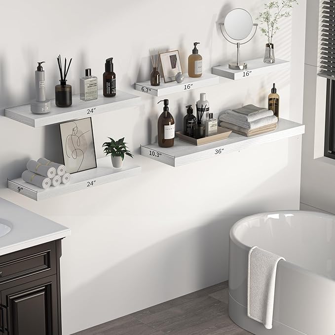 Floating Shelves - 24 Inch Rustic Wooden Wall Shelves - Extra Deeper & Thicker Wall Mounted Storage Shelf for Living Room, Kitchen, Farmhouse - 24" W x 9" D x 1.6"H - Rustic White, 2 Pack