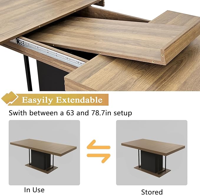 Goujxcy 78.7" Farmhouse Extendable Dining Room Table Set for 6, 7-Piece Rectangle Kitchen Dining Room Table Set with Wood Base and 6 Orange Velvet Dining Chairs, Extending Kitchen & Dining Table Set