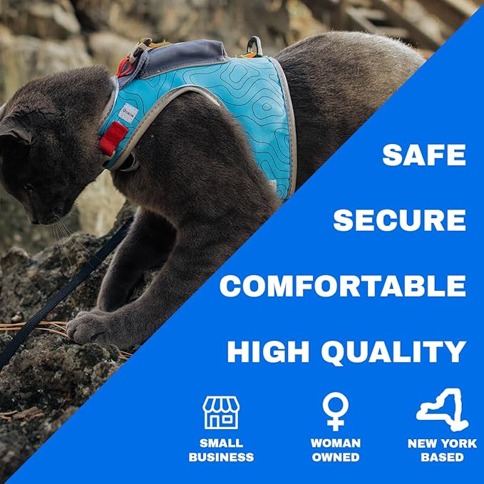 TRAVEL CAT The Pathfinder Cat Harness with GPS Tracker Pocket - Powered by Tractive Cat Harness Escape Proof - Walking Escape Proof Cat Harness for Small, Large, Kitten (Blue, Medium)