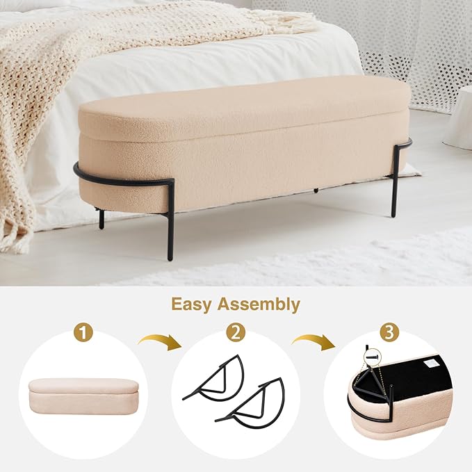 Sherpa Storage Ottoman Bench for Bedroom, Beige End of Bed Bench with Storage, Upholstered Boucle Storage Bench with Metal Stand and Hinges, Oval Ottoman for Living Room, 52 Inch