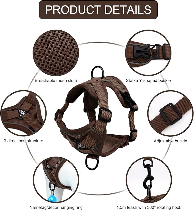 Cat Harness and Leash Set, Upgraded Escape Proof Adjustable Kitten Vest with Lead for Small Cat Outdoor Walking, Soft Breathable Mesh Jacket with Reflective Strips for Dark Night S Coffee Brown