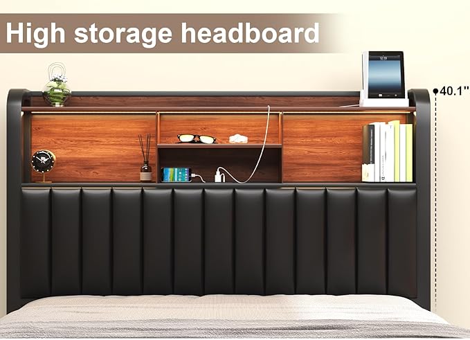 Queen Bed Frame 54.3" Tall with 3-Tier Storage Headboard and Charging Station, Metal Platform Bed Frame with LED Lights and PU Leather, Noise-Free, Metal Support, No Box Spring Needed, Black