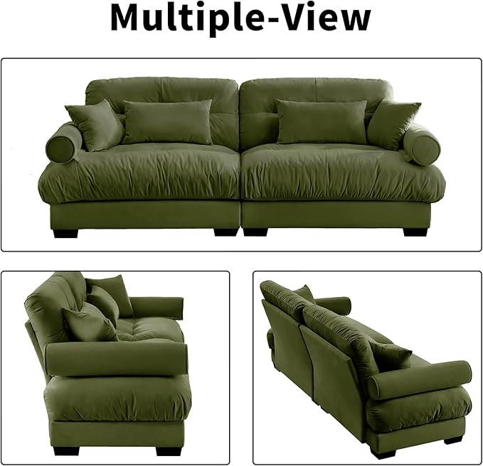 93.7” Loveseat Sofa, 2 Seater Modular Sectional Sofa, Olive Large Sectional Couches for Living Room, Fluffy Couch Set, Love Seat, Velvet Cloud Couch with 4 Pillows, Deep Seat Sofas for Living Room