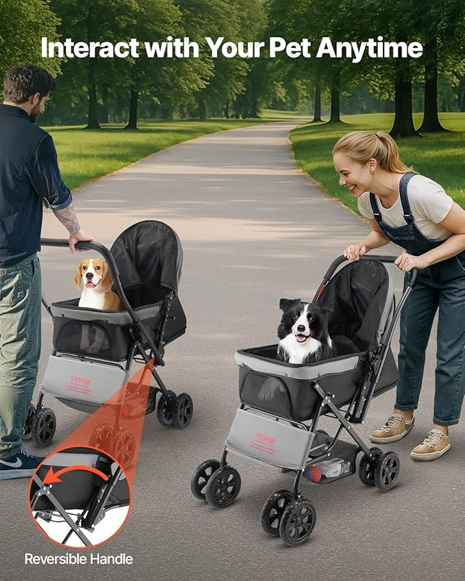 VEVOR Pet Stroller, 44 lbs Weight Capacity, Foldable Dog Cart, 4 Wheels Cats Stroller with Mesh Windows & Revrsible Handle, Portable Pet Carrier with Brake, for Small to Medium Pets