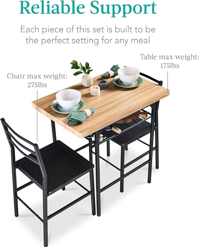 Best Choice Products 3-Piece Modern Dining Set, Space Saving Dinette for Kitchen, Dining Room, Small Space w/Steel Frame, Built-in Storage Rack - Oak/Black