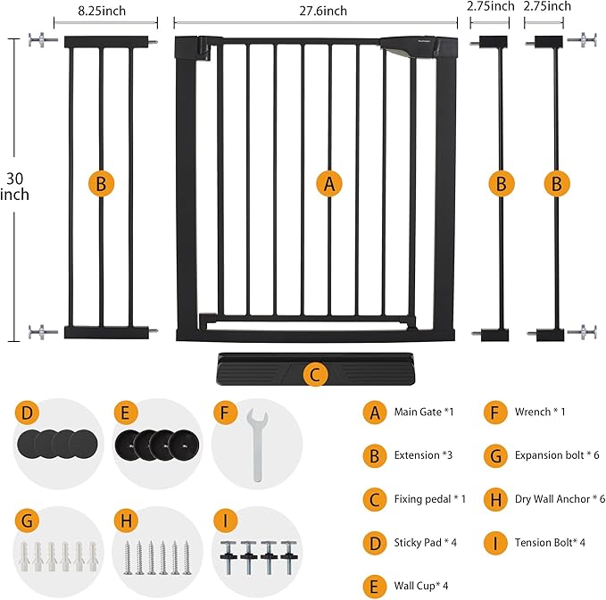 Baby Gate for Stairs - 29.6-46" Auto Close Dog Gate for Doorways, Extra Wide Child Gate Indoor, Walking Through Safety Gate for Kid, Pet Gates No Drilling Black, Mom's Choice Awards Winner