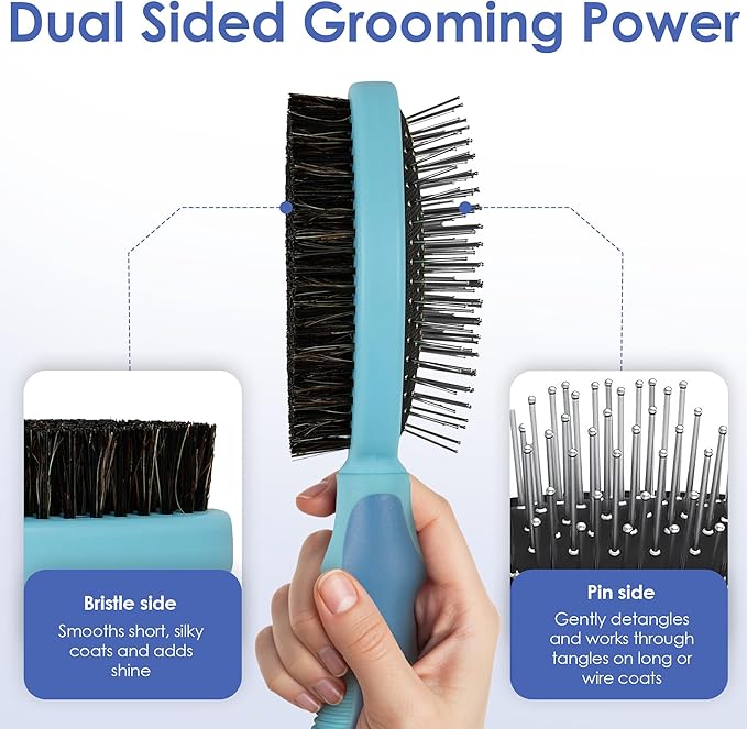 American Kennel Club AKC 2-Sided ProBrush™ – Double-Sided Bristle & Pin Grooming Brush with Complimentary Bath Brush – for Dogs & Cats of All Coat Types