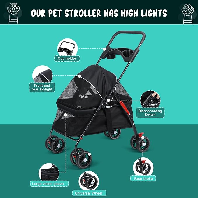 Pet Stroller,4 Wheels Outdoor Travel Pet Folding Stroller,Cat Strollers w/Removable Carrier,Dog Cat Cage Strollers with Cup Holder,Breathable and Visible Mesh for Medium Small Dog 1 Set