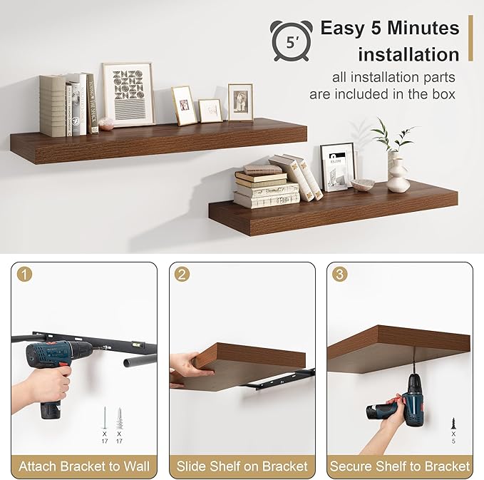 Heimlove 12" Deep Floating Shelves for Wall, 24 Inch Shelf Bathroom Shelves Set of 1, Mounted Shelves for Books Living Room Laundry Room Bedroom Kitchen Home Office, Walnut