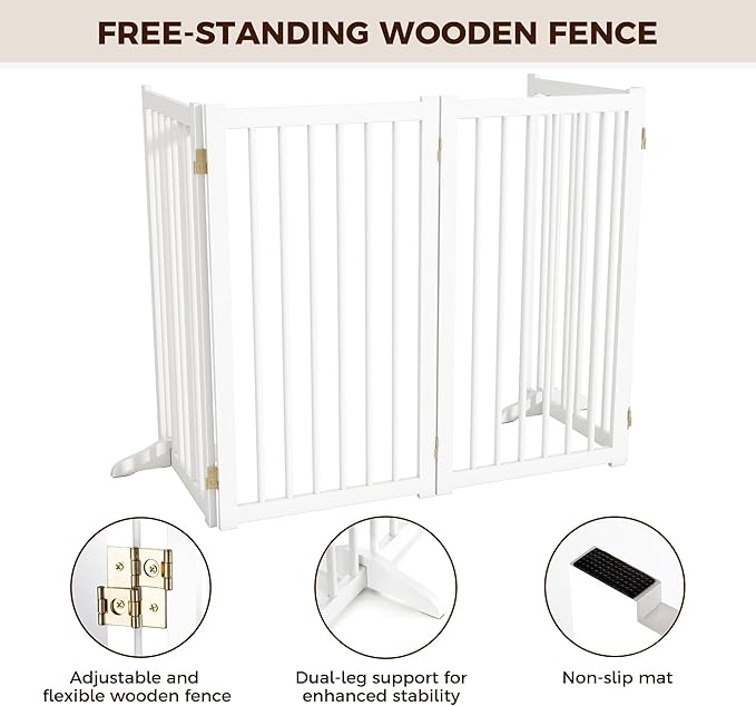36" H Freestanding Pet Gate, Solid Wood Foldable Dog Gate with Support Feet, Wooden Tall Dog Gate for Doorway, Stairs & Indoor Use, 60" Wide Expandable Pet Fence, 4 Panels, White