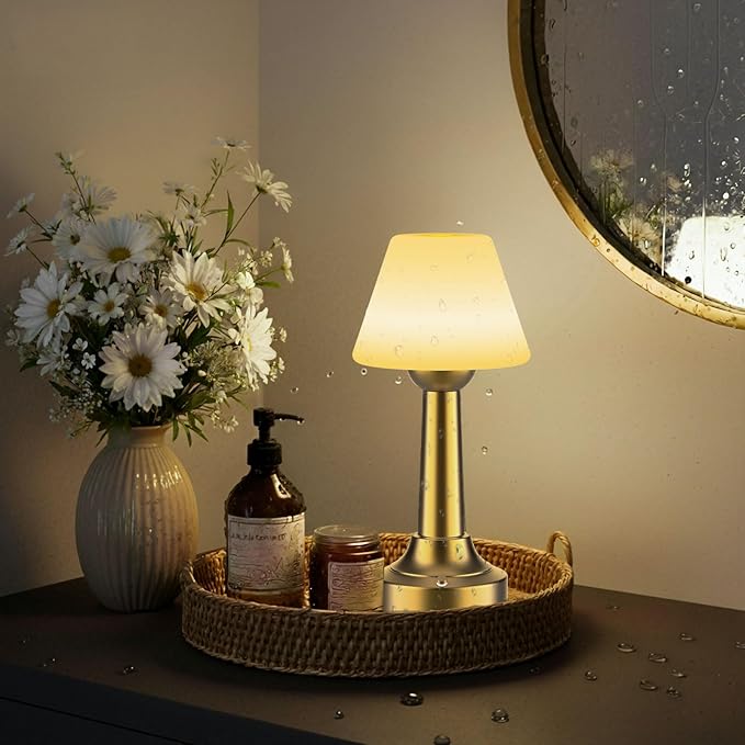 Cordless Table Lamp, Rechargeable Touch LED Lamp with 3 Color Temps & Stepless Dimming, Portable Battery Operated Light for Bathroom, Shower, Bedroom, Patio, Indoor/Outdoor Use, IP65 Waterproof