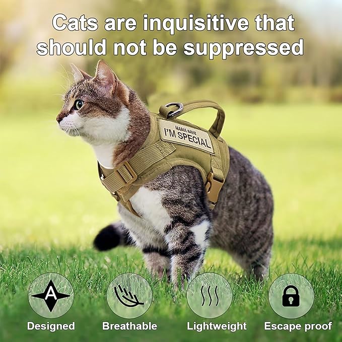 Forestpaw Cat Harness Escape Proof for Walking,Adjustable Cat Vest Harness with Soft Mesh Padded,Tactical Cat Harness with Control Handle,Molle Patches,Khaki