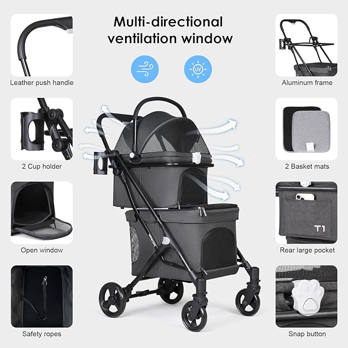 T1 Double Pet Stroller for 2 Small Dogs or Cats Lightweight Foldable Double Cat Stroller with Detachable Carrier (Black)