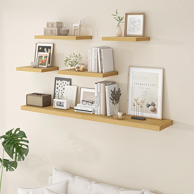 Fun Memories Floating Shelves - 2 Pack 12 Inch Deep Rustic Wooden Wall Shelves - Extra Deeper & Thicker Wall Mounted Storage Shelf for Living Room, Kitchen, Farmhouse - 36" W x 12" D x 1.5" H - Oak