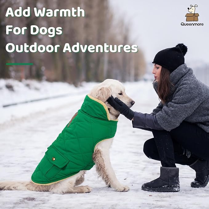 Queenmore Warm Dog Coat, Cold Weather Puffer Dog Coat Vest, Quilting Winter Pet Jacket Ultra Thick Plush Fleece Lining Pet Clothes for Dogs with Storage Pockets (Forest Green, Medium)