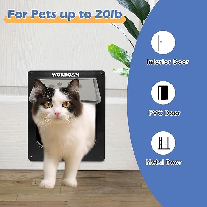 Wordcam Large Cat Door(Outer Size 10.7'' x 9.5''), Robust Cat Door for Interior Exterior Doors, 4 Way Lockable Cat Flap Door, Pet Door for Cats Kitty Kittens Doggies (Black, L)