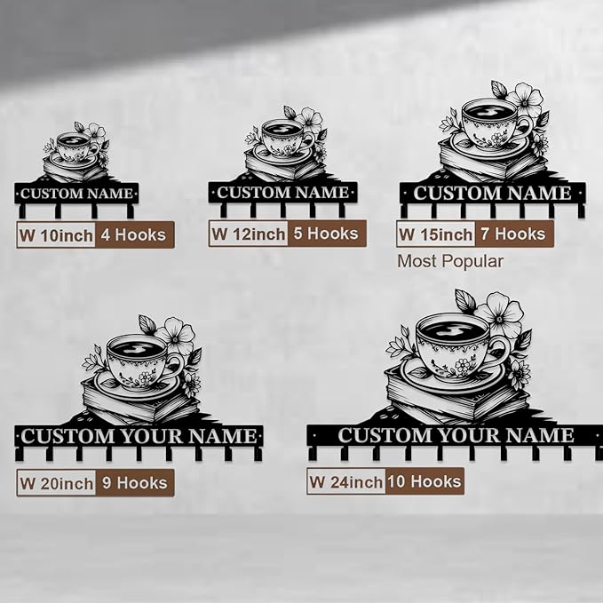 Coffee Bar Keys Holder - Metal Iron Wall Hooks with Custom Name | Personalized Home Decor & Gift Idea | Coffee-Themed Text Engraving Design (Style C)