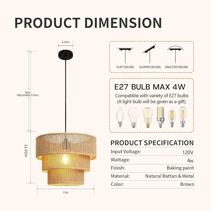 12''Natural rattan chandelier -Small Farmhouse Boho Style with E27 Bulb, 120V pendant light, fandelier, hanging lamp, wicker pendant lamps for Dining Room/Kitchen/Bedroom/Living Room/Island