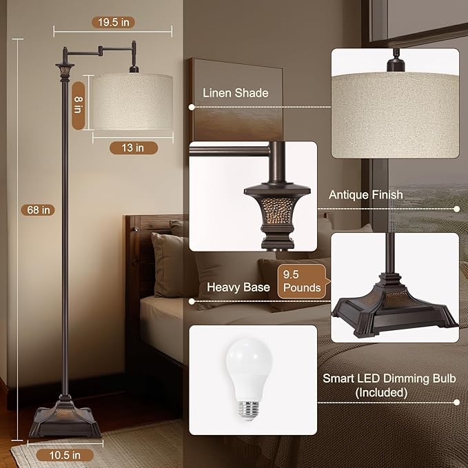 Scenekoy Vintage 68″ Tall Smart LED Floor Lamp for Living Room Bedroom, Remote Control Traditional 350º Adjustable Swing Arm Standing Lamp with Linen Shade, Decor for Reading House Home Office